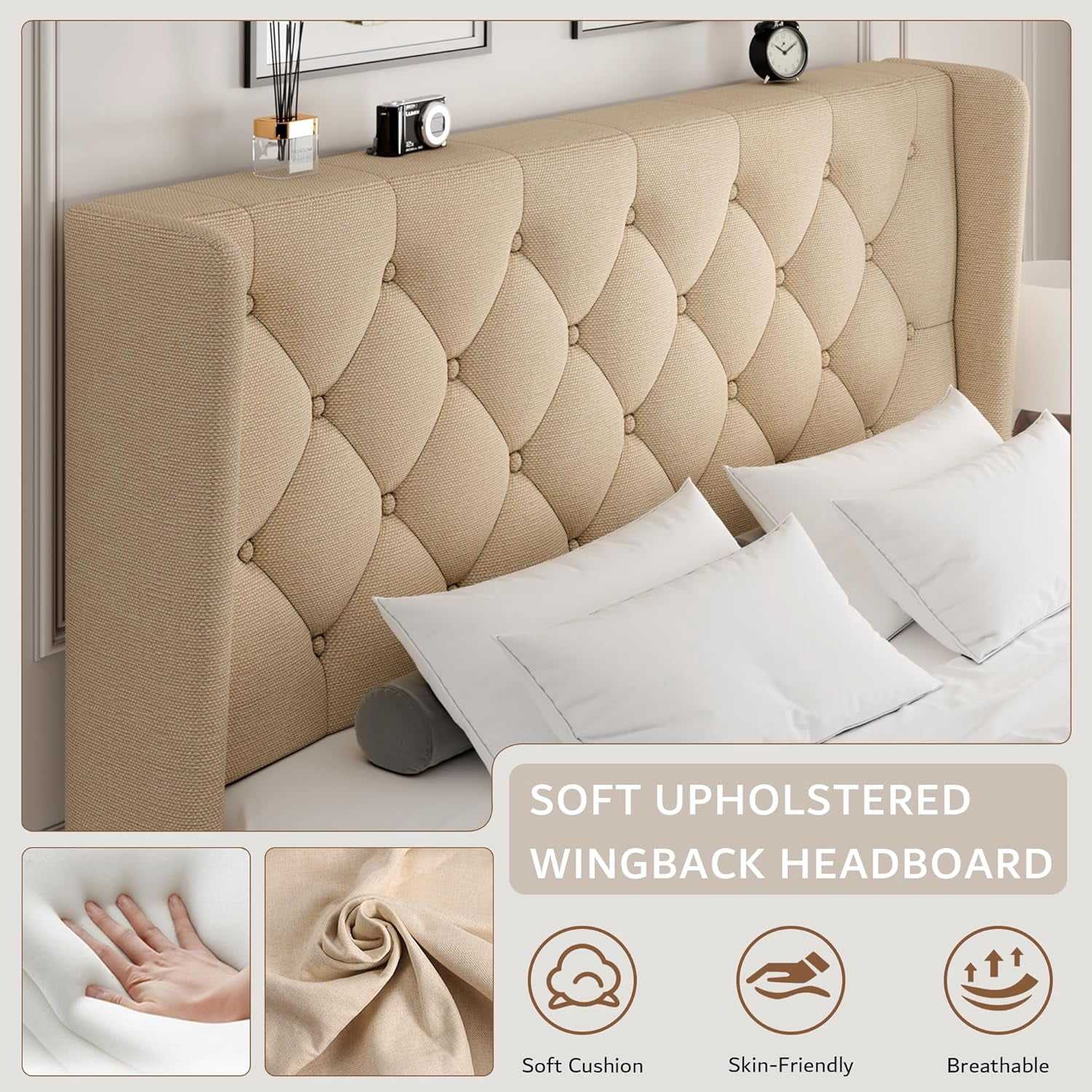iPormis Full Size Bed Frame with Diamond Button Tufted Wingback Headboard, Upholstered Platform Bed Frame with Strong Wood Slat Support, No Box Spring Needed,Beige