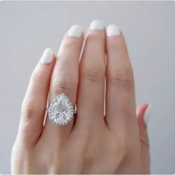 Large Pear Shaped Halo Engagement Ring 14k White Gold Plated 3.50ct Moissanite
