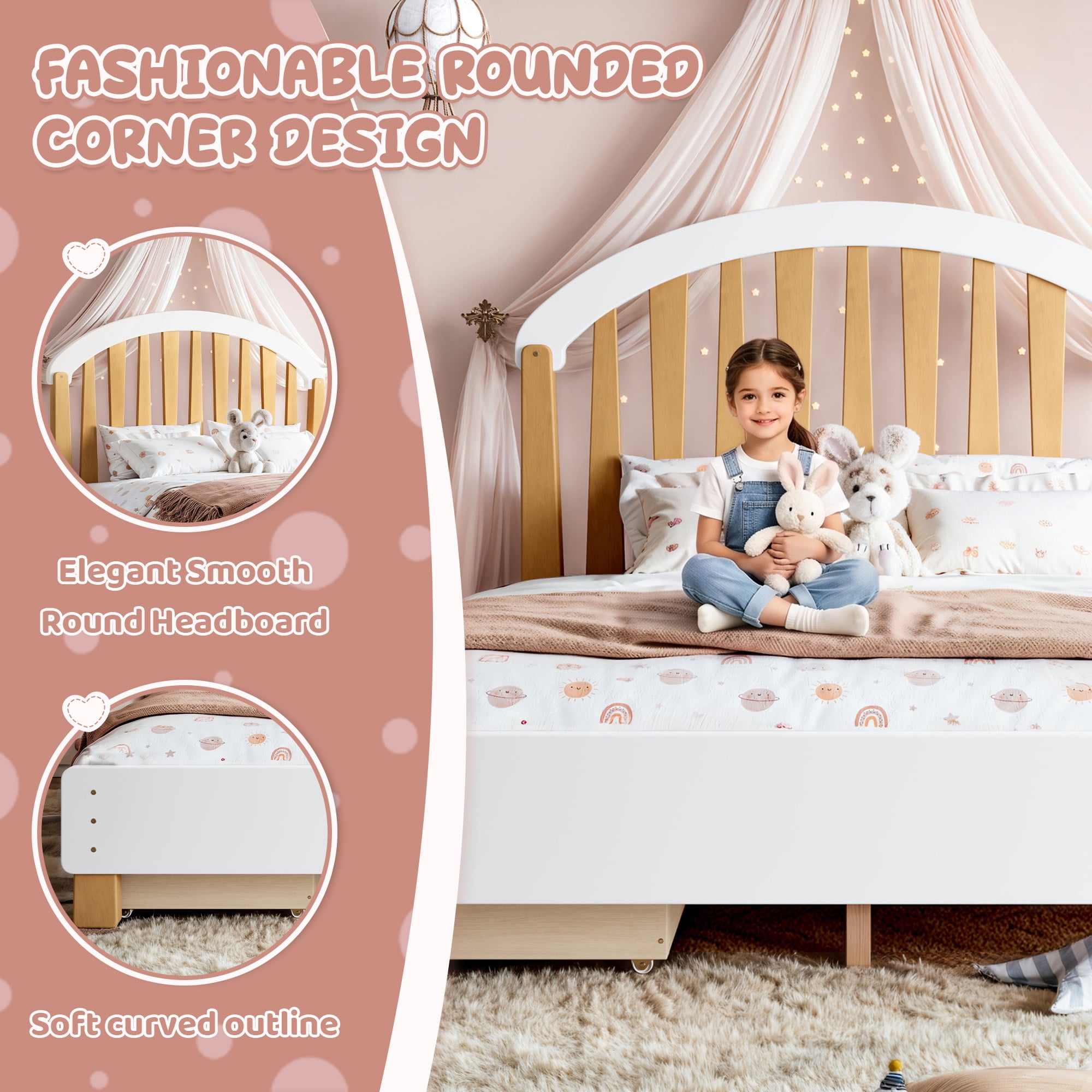 Leumius Full Size Platformbed Frame with Storage Drawer, Wood Bed Frame with Round Headboard for Bedroom White & Natural