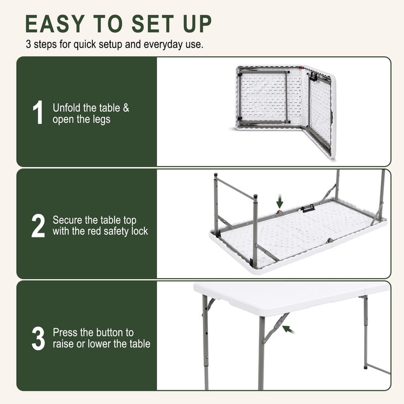 INTRTLOCKINGING TILES 4FT Folding Table, Height Adjustable Portable Plastic Folding Table with Carry Handle, Heavy Duty Indoor Outdoor Utility Table for Camping, Picnic, Party, Home Office