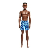 Beach Ken Doll with Dark Brown Hair Wearing Blue Camo-inspired Print Swimsuit Ready for the Pool