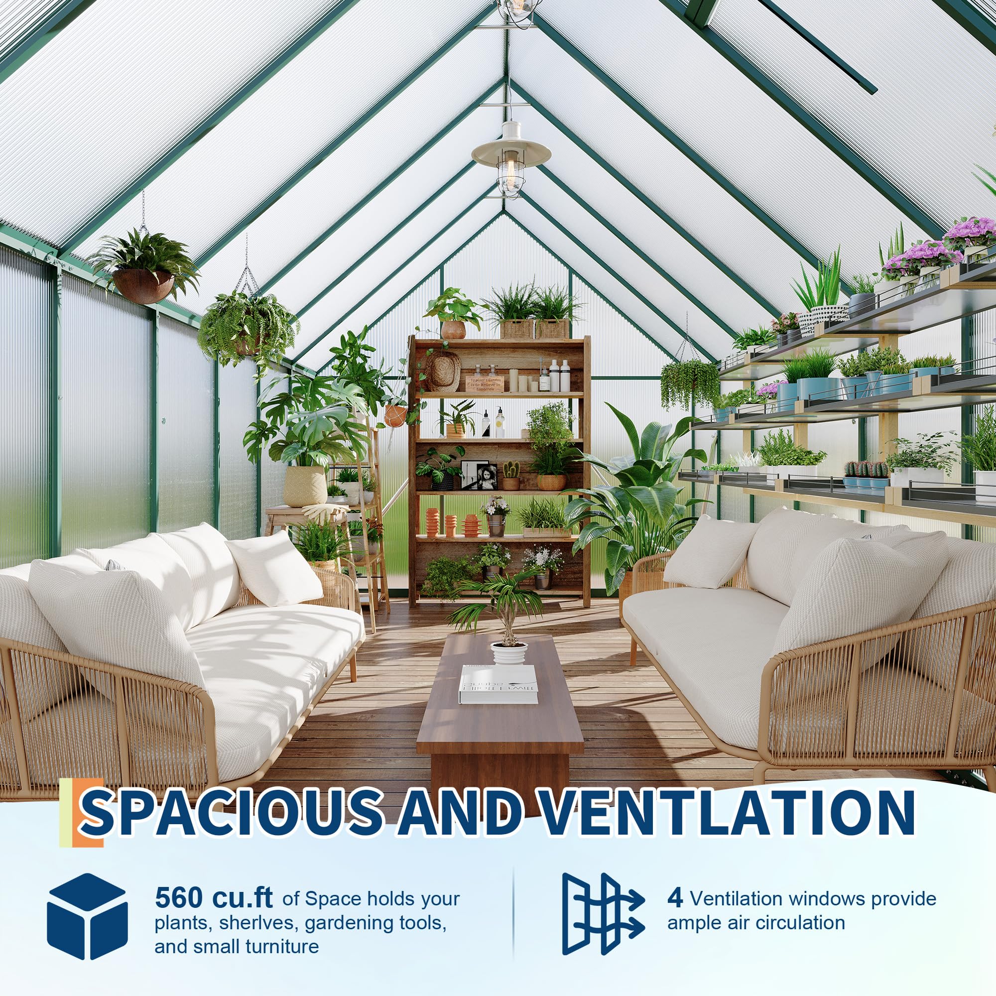 8 ft x 14 ft Aluminum PC Board Sun Room Outdoor Garden Greenhouse, Polycarbonate Board, Aluminum Frame, Weather Resistant Sunroom Enclosure, Green