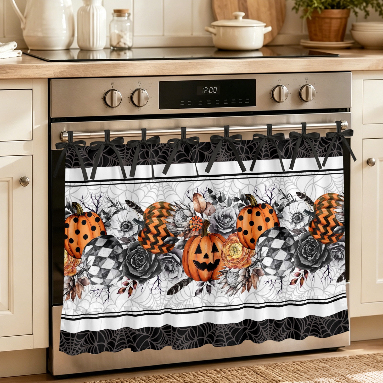 Oven Curtain for Kitchen Halloween Orange Ghost Pumpkin Stove Curtain With Ruffled Trim Dishwasher Curtains Flower Spiderweb on White Black Oven Skirt 30 x21.5