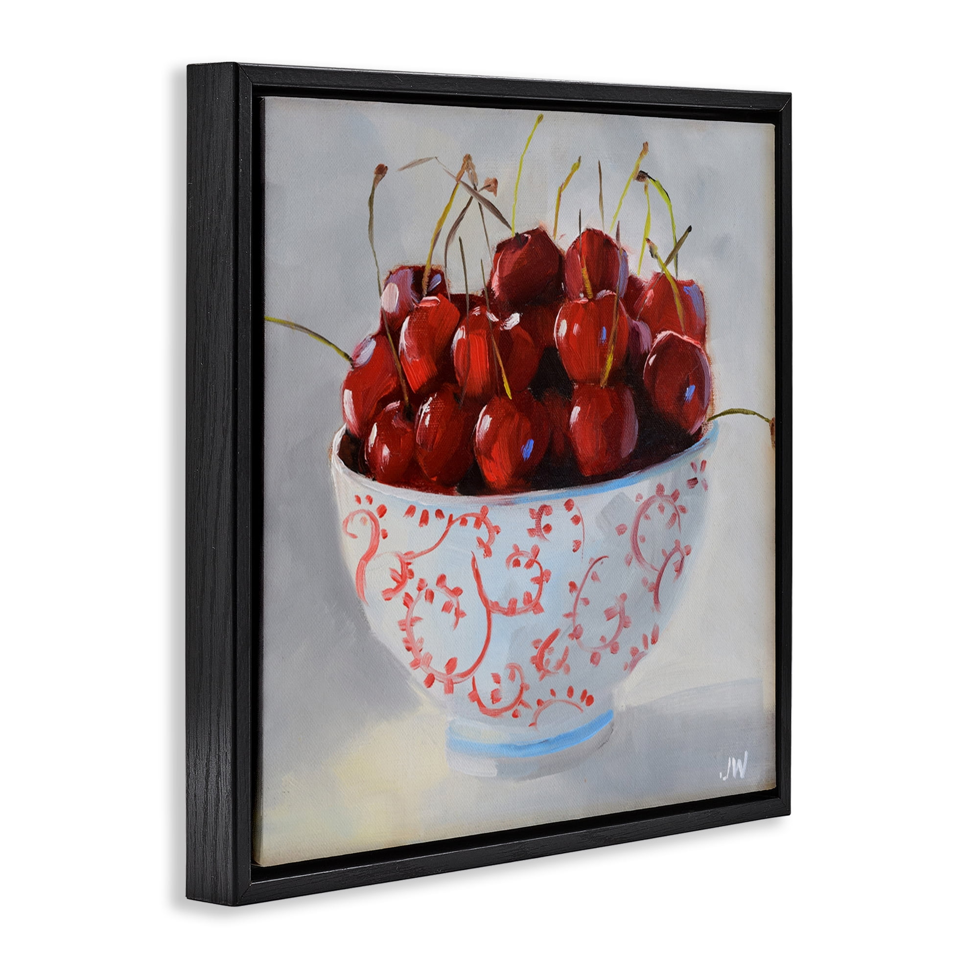 Stupell Industries Cherries in Ornate Bowl Food & Beverage Painting Black Floater Framed Canvas Art Print Wall Art, 18 x 18