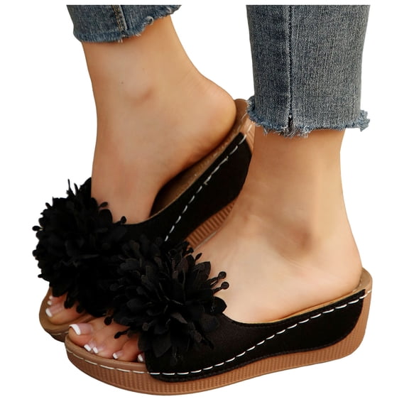 Dakaela Womens Orthopedic Wedge Sandals 2026 Dressy Flower Platform Slip on Slides Arch Support Casual Walking Beach Dress Shoes Black 6.5