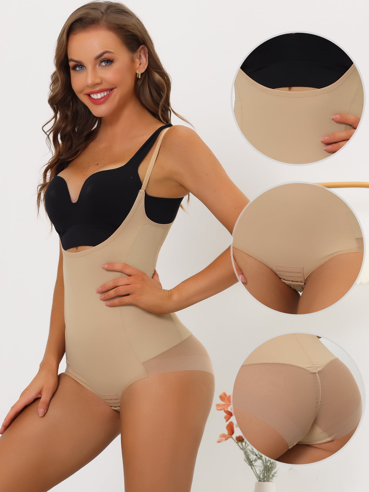 Unique Bargains Women's Mesh Full Shapewear Open Bust Leotard Jumpsuit Bodysuit S Beige