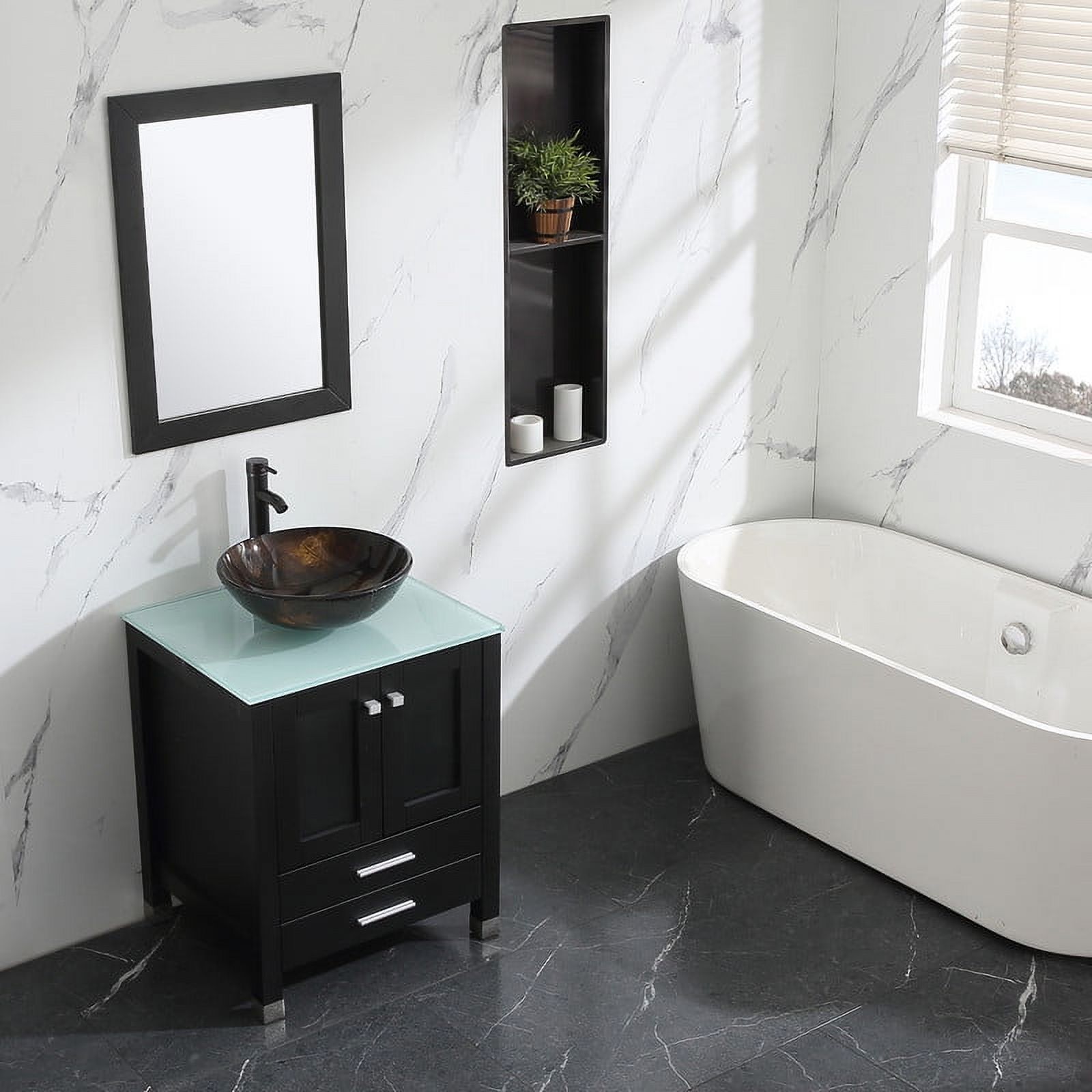 Walsport 24" Luxurious Wood Bathroom Vanity Cabinet Golden Brown Round Vessel Sink Vanity Cabinet Tempered Glass Top w/ Mirror,Black