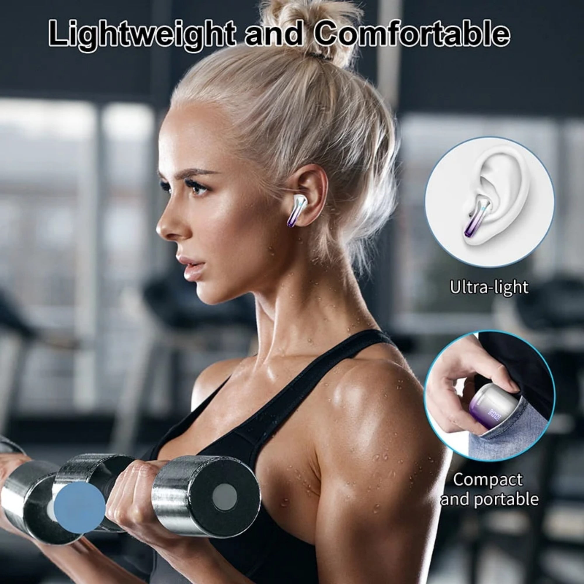 WeurGhy Earbuds Wireless Bluetooth Noise Cancelling for iPhone Android Sports Workout, 56H Playtime Waterproof LED Display in Ear Headphones, Gradient Purple