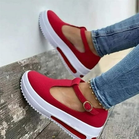 Summer Womens Wedge Platform Buckle Strap Sandals Ladies Spring Retro Round Head Loafers for Women Low Upper Wedge Heel Shoes Buckle Design