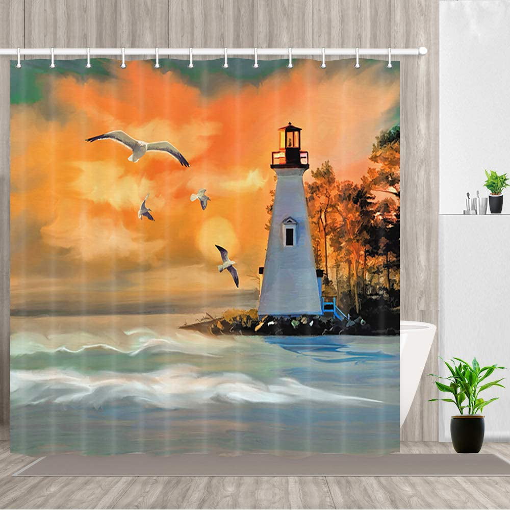 Ocean Lighthouse Seagull Polyester Fabric Shower Curtain Set Bathroom w/ Hooks 