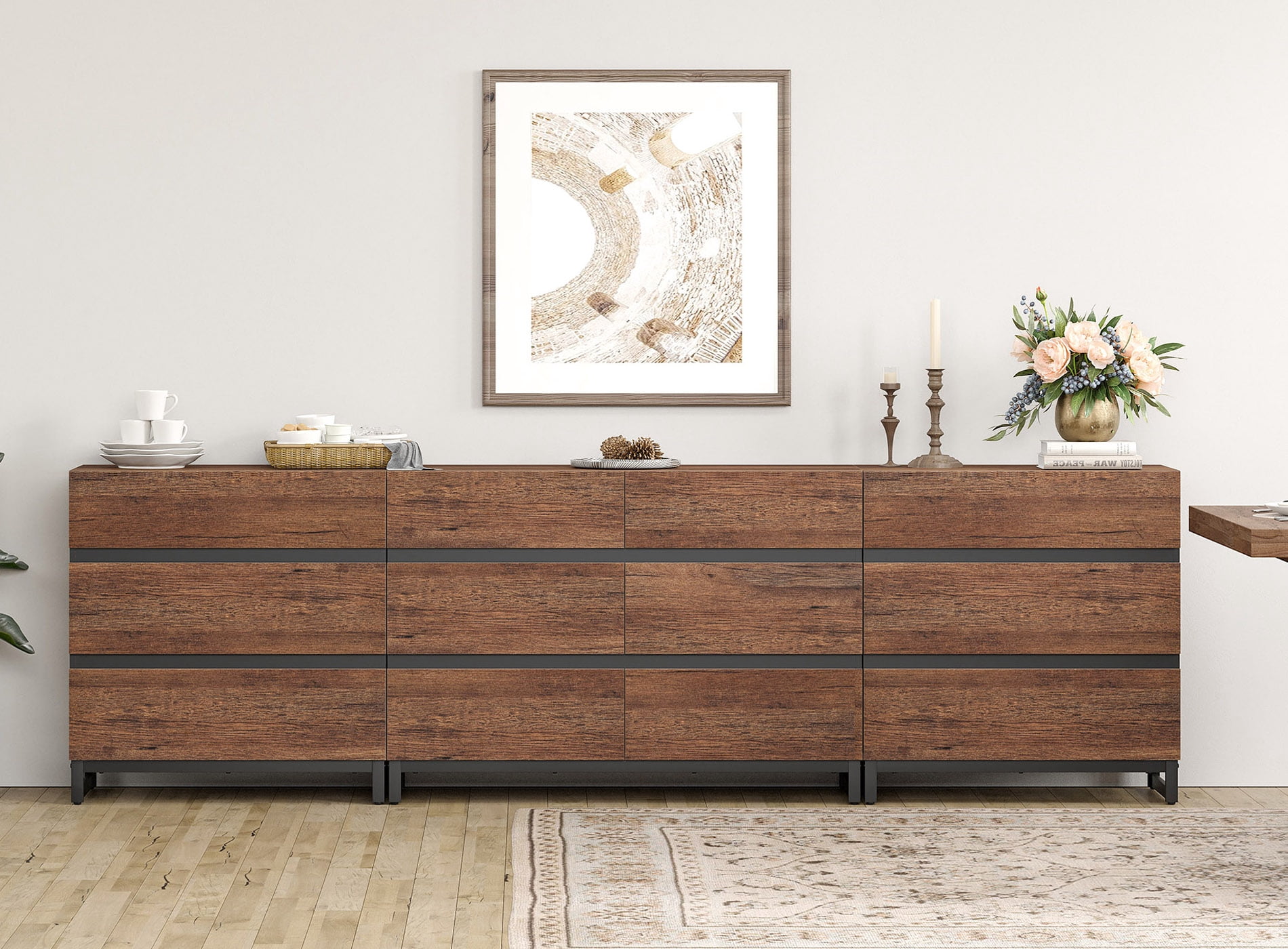 3 In 1 Sideboard Buffet Cabinets With 12 Drawers, Modern Sideboard Credenza With Metal Base, Coffee Bar Cabinet Storage Cabinet,Brown