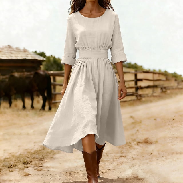 Robes Trapèze pour Femmes Robe Midi en Coton et Lin pour Femmes Col Rond Manches 3/4 Taille Plissée Robe Trapèze Fluide pour la Plage Robes d'Été Décontractées Beige G