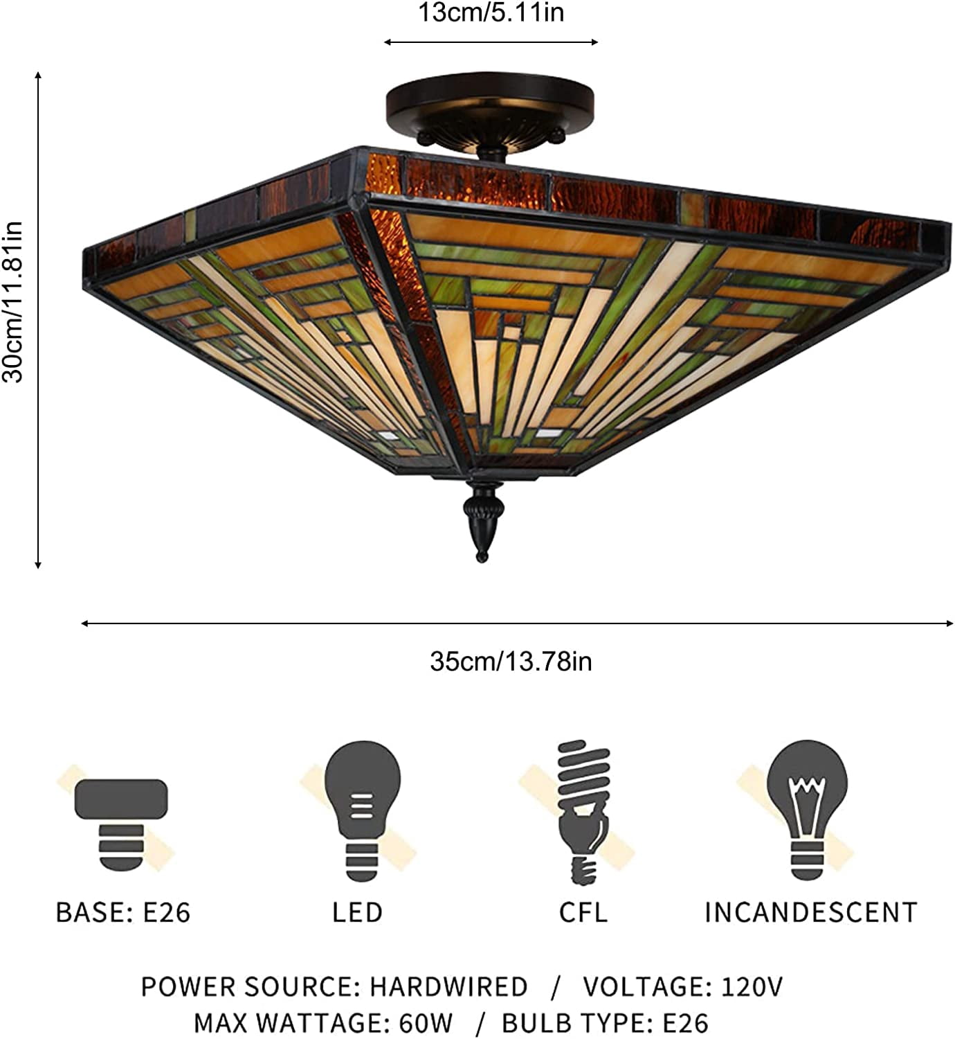 14 inch Tiffany Style Ceiling Light Wide Amber Brown Stained Glass Semi Flush Mount Ceiling Lamp for Kitchen Porch Entryway Bathroom Hallway 2 Light