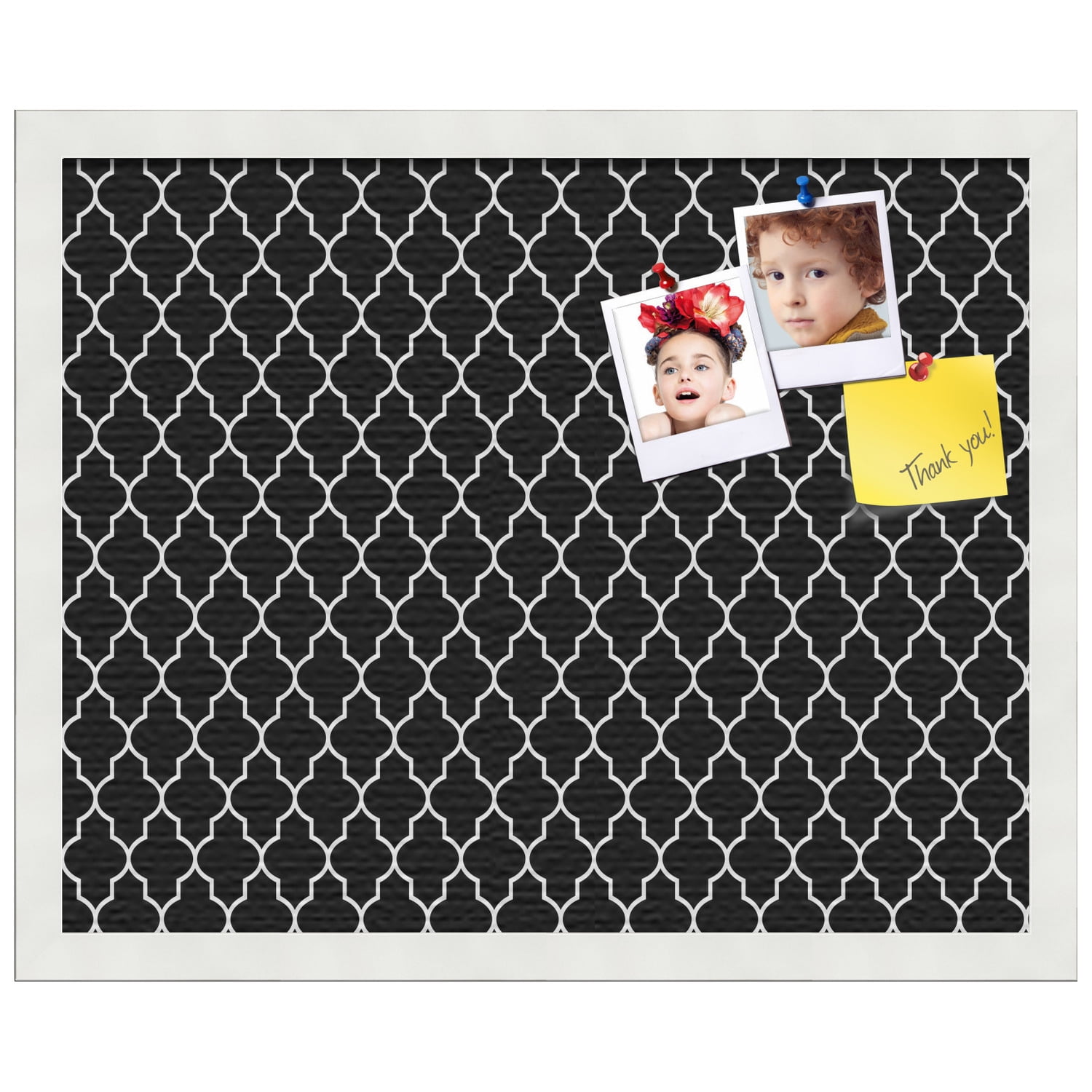 PinPix 20x16 Custom Cork Bulletin Board Quatrefoil Black Poster Board