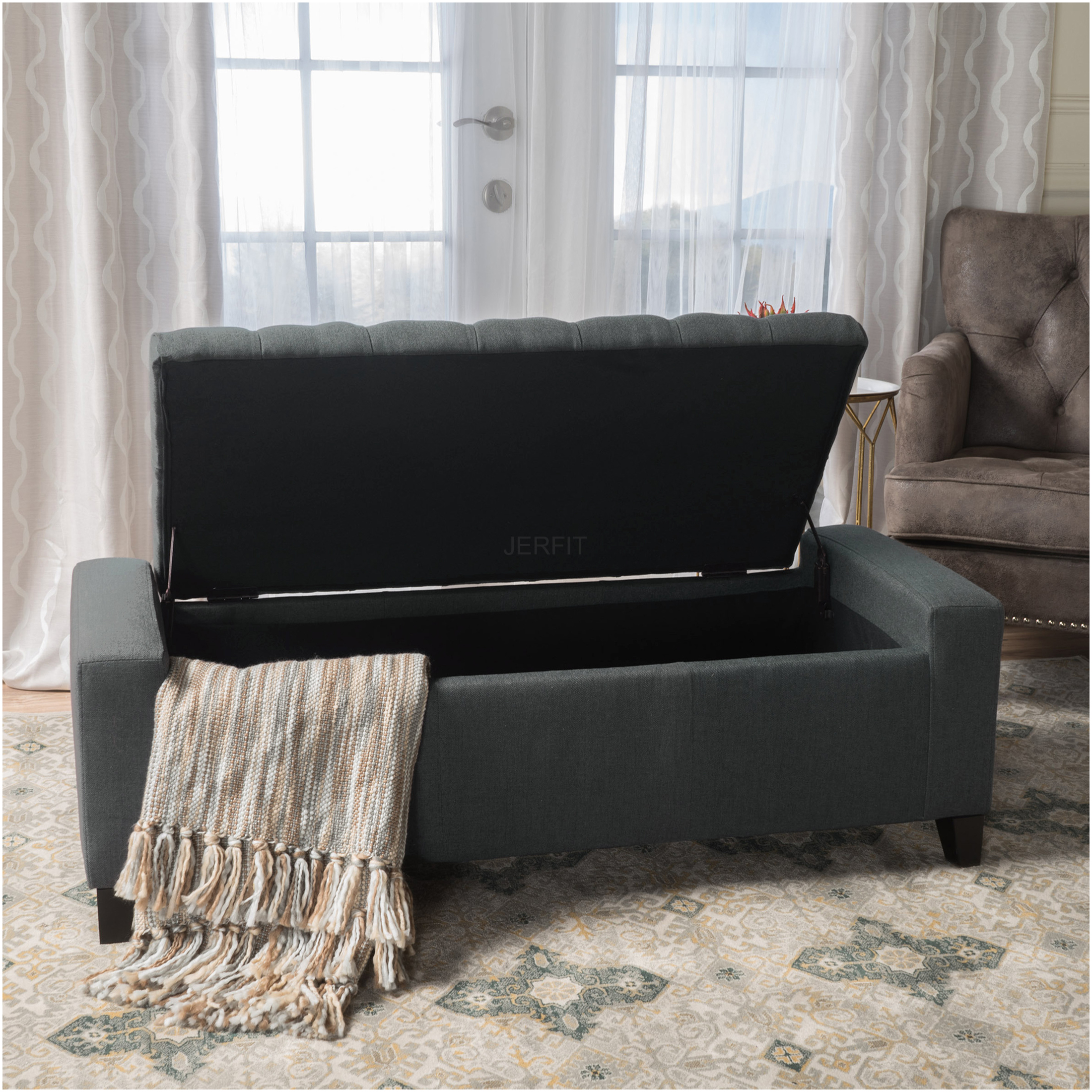 JERFIT Dark Gray Fabric Storage Ottoman Bench with Tufted Top, Multi-Functional Footrest Seat and Hidden Storage Chest for Living Room, Bedroom