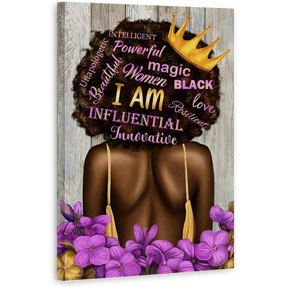 African American Wall Art Inspirational Black Girl Poster Black Queen with Purple Flowers Motivational Quotes Black Art Canvas Printed Painting for Living Room Bedroom Office Bathroom, Gift For Girl