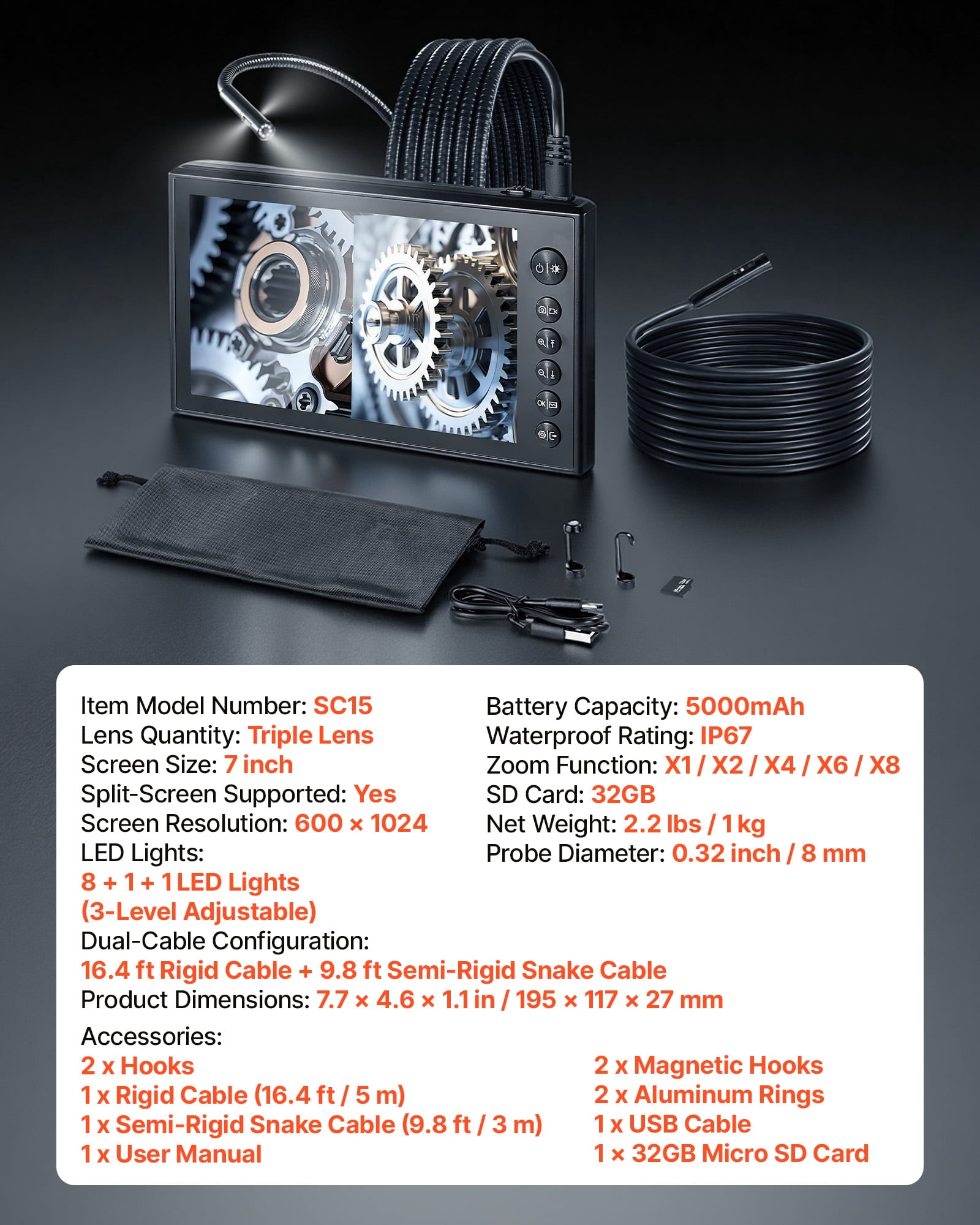 VEVOR Triple Lens Endoscope with Dual-Cable Setup, Industrial Borescope with Light, 7" HD IPS Spilt-Screen, 8 + 2 LEDs, 8X Zoom, IP67 Waterproof Snake Camera for Auto, Plumbing(16.4FT + 9.8FT Cables)