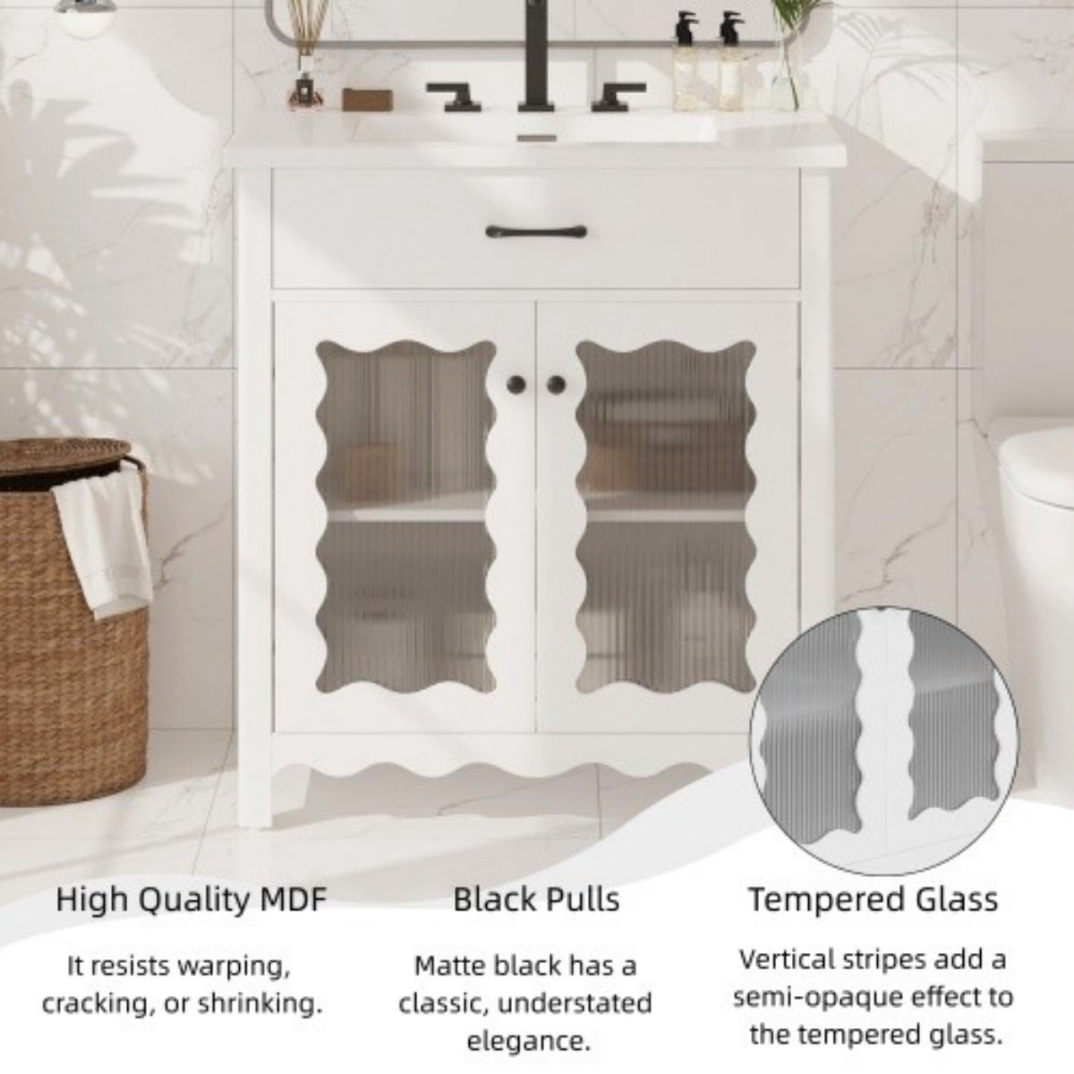 31" Bathroom Vanity with Ceramic Sink, Modern Freestanding Bathroom Cabinet with Tempered Glass Doors, Soft Close Hinges, Rubber Wood Legs, White