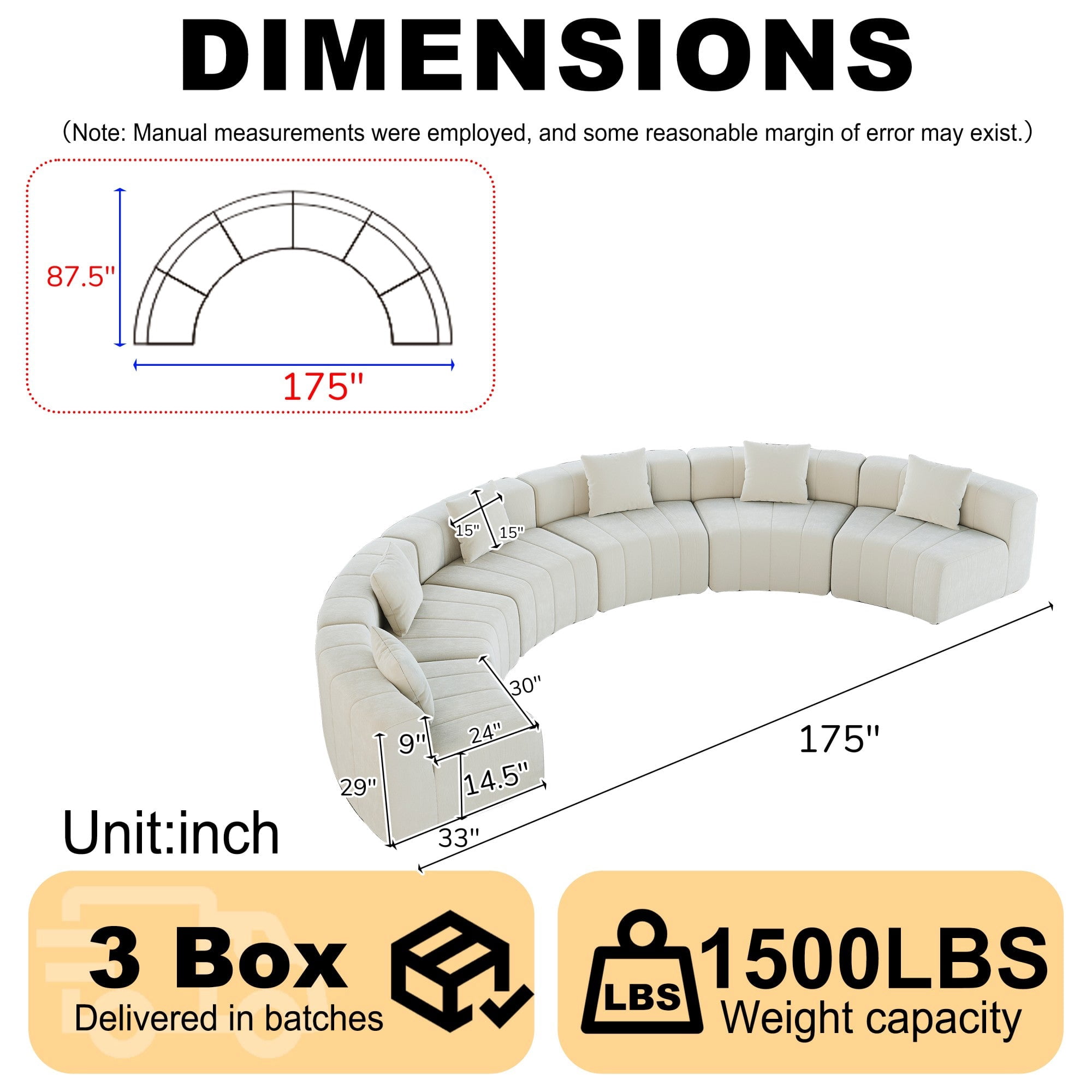 Sailvan Curved Sectional Sofa, Modular Chenille Semi Circular Sofa with 6 Pillows, No Assembly Modern Cloud Couch for Living Room & Office Beige