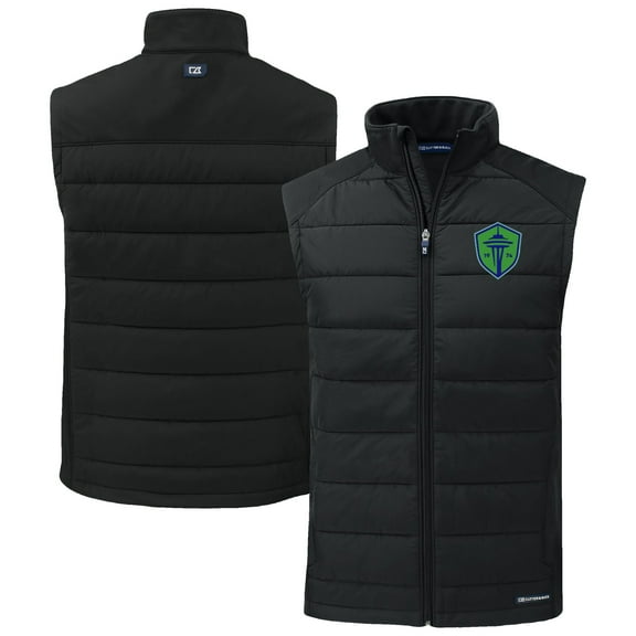 Men's-Cutter & Buck  Black Seattle Sounders FC Evoke Hybrid Eco Softshell Recycled Full-Zip Vest