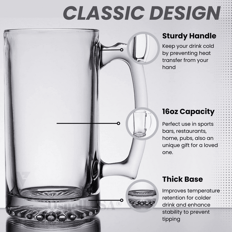 Heavy Duty Glass Mug - Beer Mugs (4 Pc) Tall Drinking Glass Set - Thick Glass Keeps Beer Ice Cold! - 16 oz Beverage Mug - Large Mugs