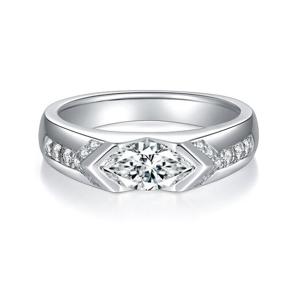 East West Diamond Engagement Ring, Half Bezel Set Marquise Cut Diamond Ring, Solitaire With Accents Diamond Wedding Ring, Unisex Diamond Ring, 925 Sterling Silver, 2.3 Ct Simulated Diamond