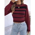thumbnail image 4 of Women Casual Color Block Stripe Ribbed Crew Neck Slim Cropped Long Sleeve Knit Pullover Sweater Wine Red M, 4 of 10