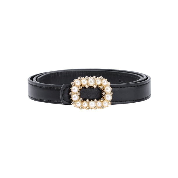 Cinturón delgado ajustable de cuero PU con hebilla de perlas para mujeres, Día de la Madre, pantalones de vestido, negro 40.2x0.7