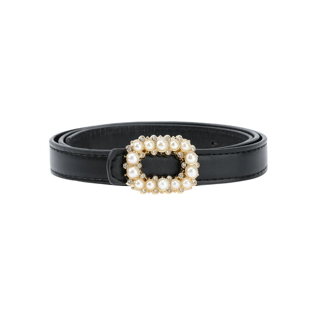 Cinturón delgado ajustable de PU de cuero con hebilla de perlas para mujeres INSPIRE CHIC, banda para la cintura de pantalones de vestido, negro 40.2x0.7