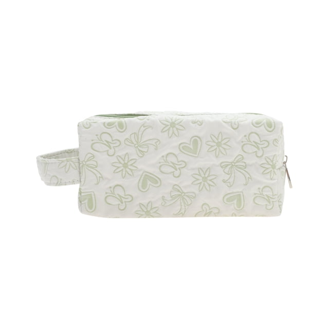 bolsas de maquillaje compactas rectangulares únicas de 1 pc con corazones para viajar, pequeñas, verdes, de poliéster bolsa de maquillaje rectangular verde 19x6x10 cm con cierre de cremallera superior, asa lateral y estampado de corazones y flores, vista frontal centrada sobre fondo blanco; acolchado ligero en el borde, adecuada para brochas, lápiz labial y cosméticos en viajes y uso diario.