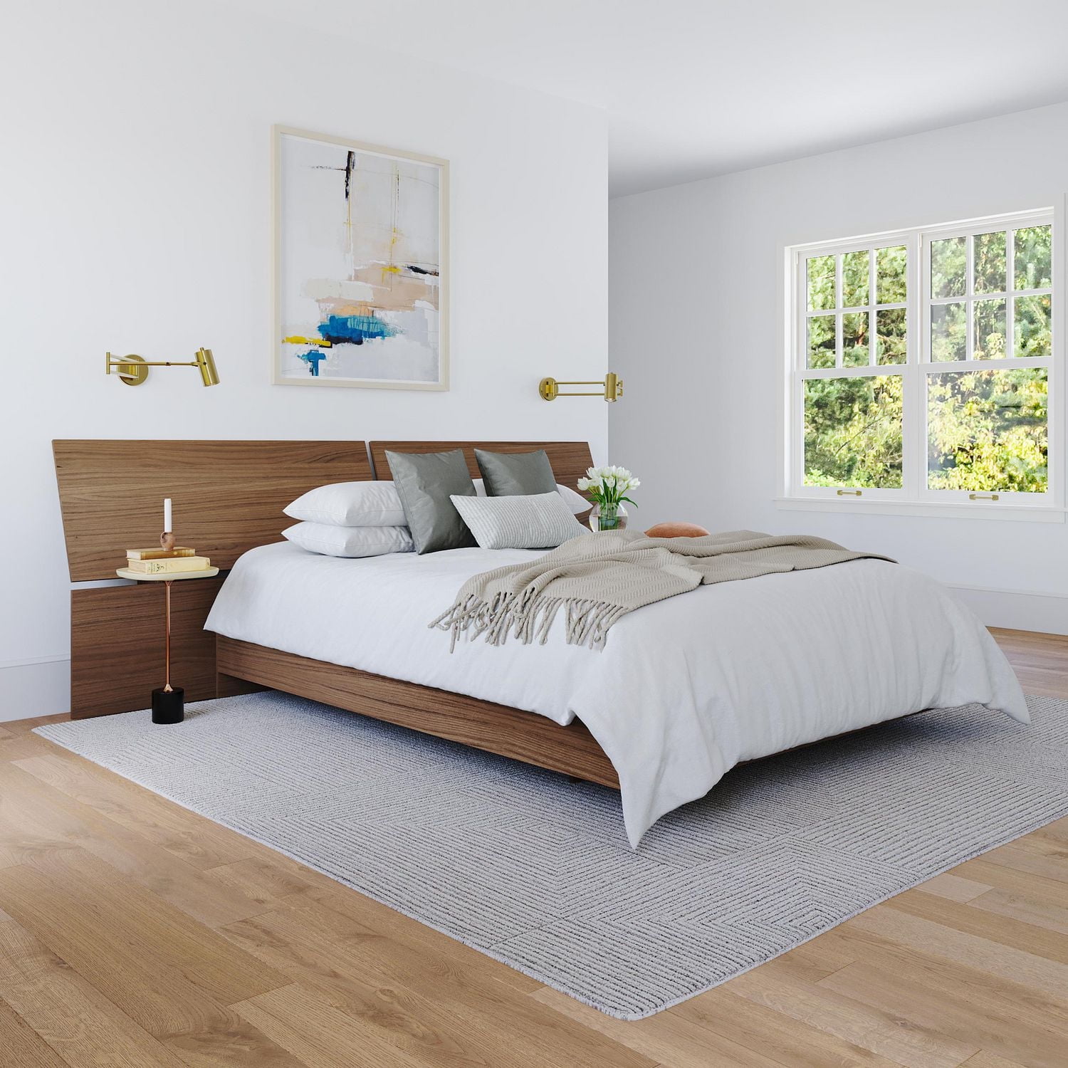 Lit plateforme avec tête de lit panoramique Alibi de Nexera, fini Noyer