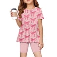 thumbnail image 2 of CCRFTGI Summer Outfits for Children Girls Size 7-8 Cute 2 Piece Outfits Activewear Athletic Bowknot Print Short Sleeve Ruffle Hem T Shirts Top and Biker Shorts Clothing Sets Vermilion 5-6 Years, 2 of 6