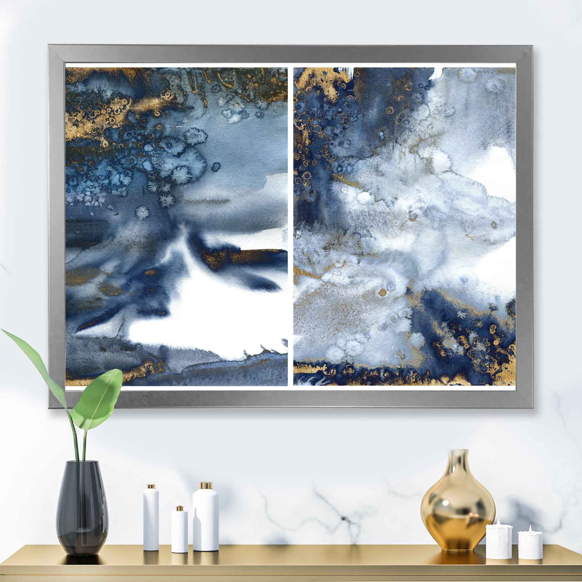 Designart 'Gold and Dark Blue Abstract Waves IV' Modern Framed Art Print