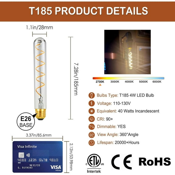 TRA-40 Watt Decorative Vintage LED Light Bulbs, T185 Extended Bulb 4W LED Filament Edison Bulb,2700K Oversized Warm Lights,Dimmable E26 Lamp Base,1-Pack-Clear