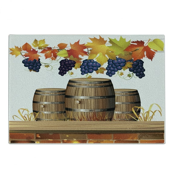 Vineyard Cutting Board, Wooden Wine Barrels with Faded Golden Yellow Autumn Leaves Fall Sunlight Design, Decorative Tempered Glass Cutting and Serving Board, Small Size, Orange Brown, by Ambesonne