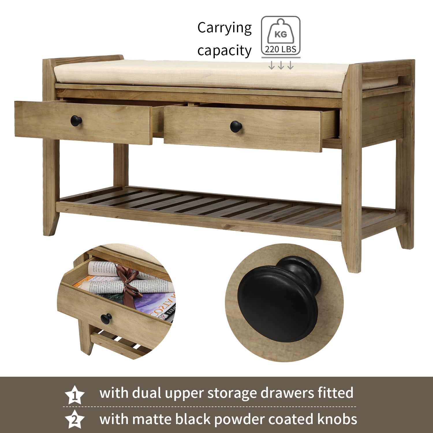 DEALTOPS Vintage Storage Bench with 2 Drawers and Soft Cushion, Multipurpose Shoe Rack for Entryway - Gray Wash