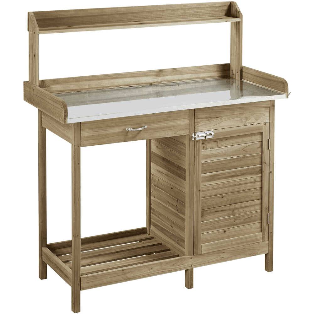 Renwick Outdoor Garden Potting Bench W/Cabinet Drawer Open Shelf, Light Green