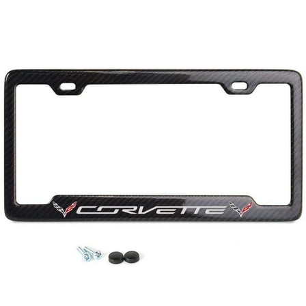 C7 Corvette License Plate Frame Carbon Fiber Light Gray Script w/Flags & Notched Frame