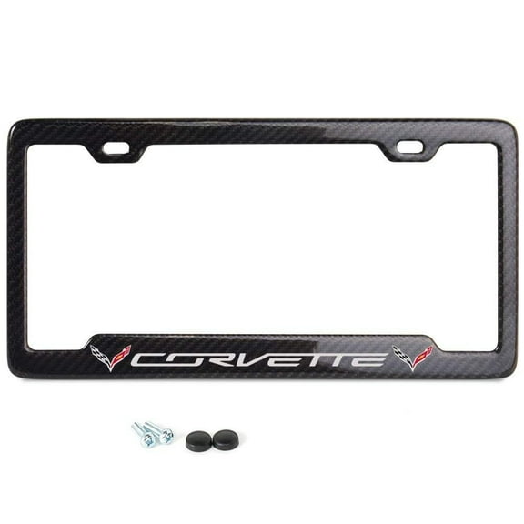 C7 Corvette License Plate Frame Carbon Fiber Light Gray Script w/Flags & Notched Frame