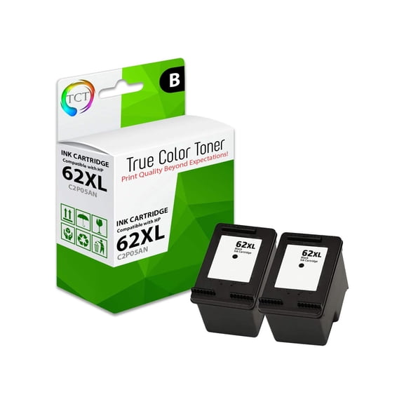 TCT 62XL Black Ink Cartridge 2 Pack - Compatible With HP 62XL 62 XL C2P05AN Black