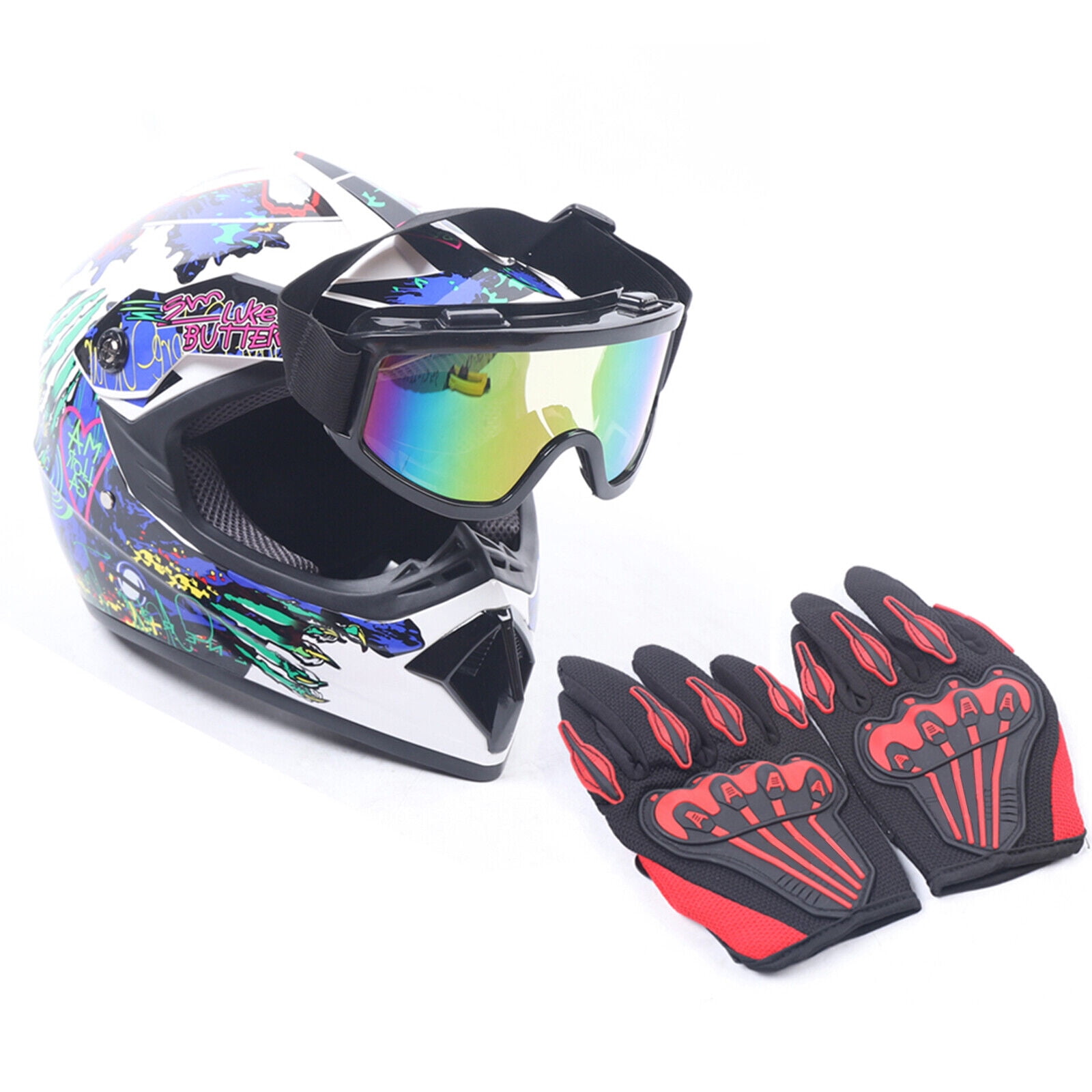 FETCOI Youth Kids Safety Motocross Helmet ABS Breathable Unisex Youth Kids Helmet W/Goggles Gloves DOT Motocross ATV Dirt Bike Helmet Kit (Color 2 L)