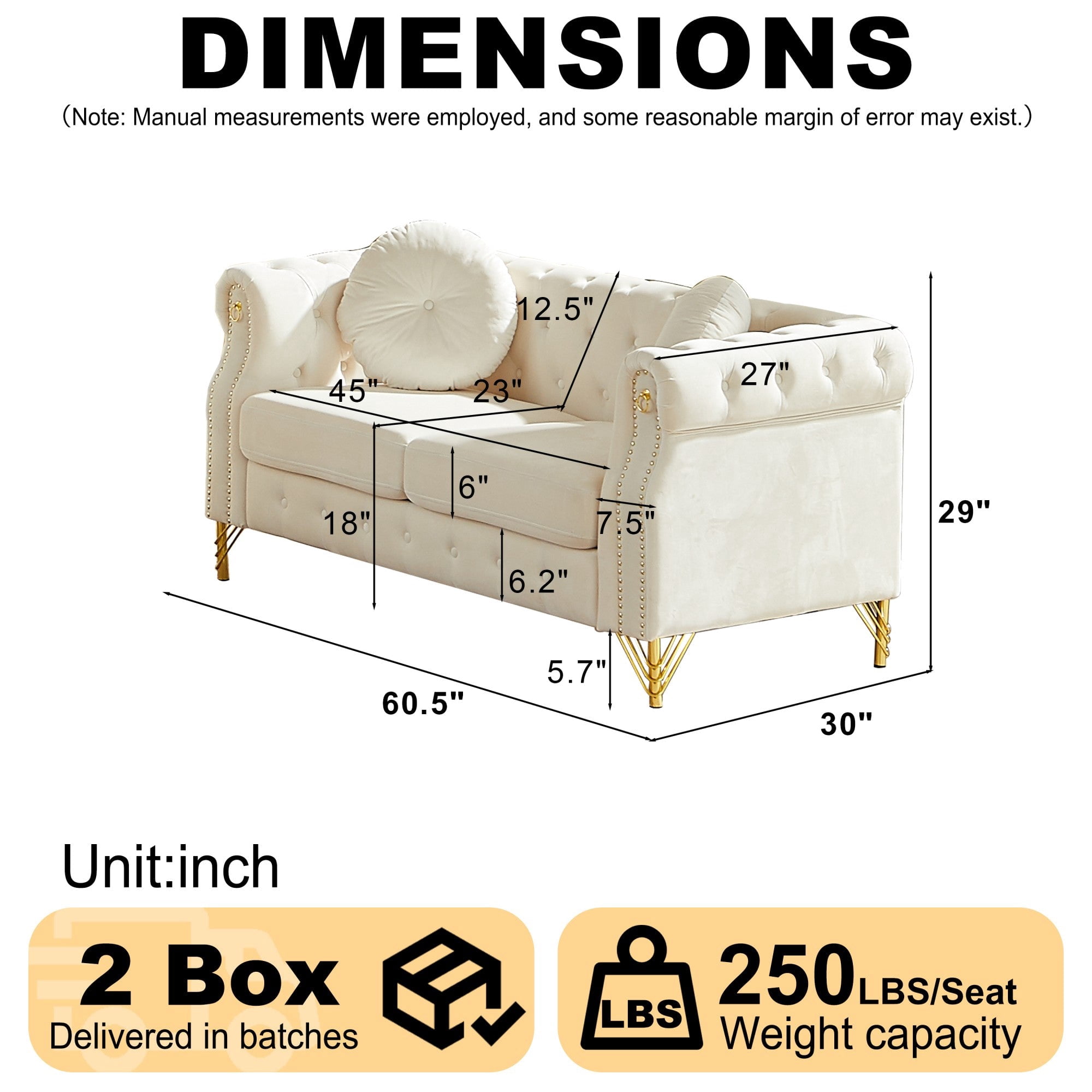 Sailvan 60.5" Velvet Chesterfield Loveseat, 2-Seater Tufted Sofa with Nailhead Trim, Gold Metal Legs & 2 Round Pillows for Living Room Beige