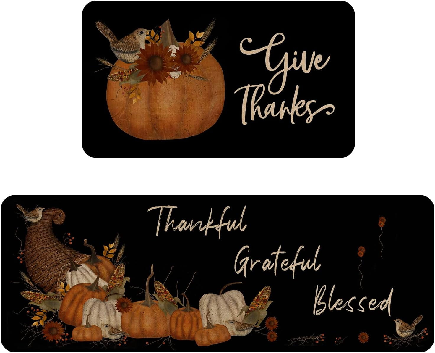 Fall Kitchen Rugs and Mats Set of 2,Autumn Leaves Pumpkin Vintage