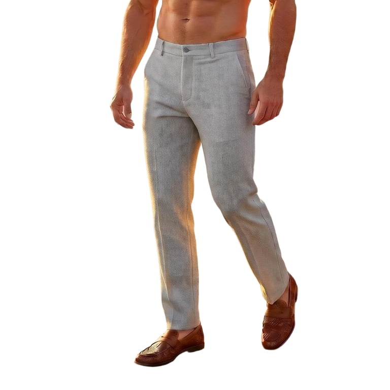 akafmk Mens Waffle Knit Dress Pants Slim Stretch Flat Front Business Casual Pants High Waist Summer Straight Leg Work Pants, Size M