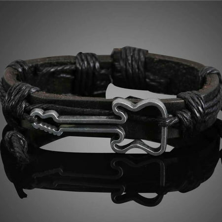 Punk Rock School Girl Girl Boy Braid Leather Bracelet Bangle with Guita Pattern Punk Rock Chain Band New ()