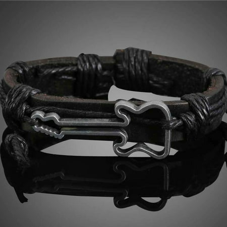 Girl Boy Braid Leather Bracelet Bangle with Guita Pattern Punk Rock Chain Band