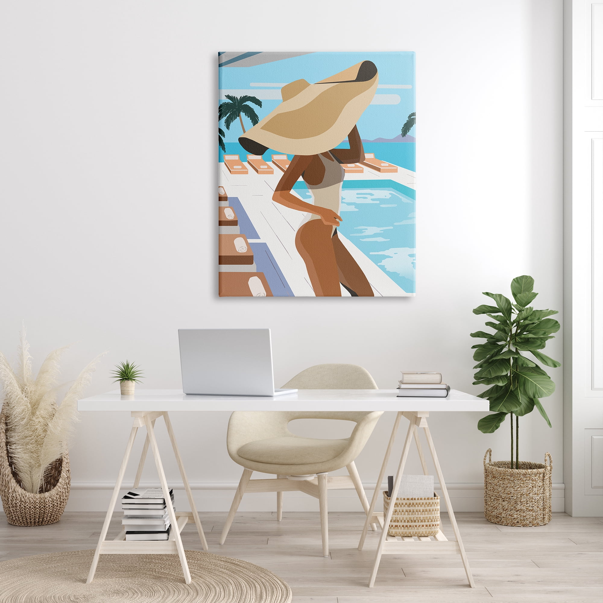 Stupell Industries Poolside Fashion Glam Pose Large Sun Hat Palms, 36 x 48, Designed by Ziwei Li