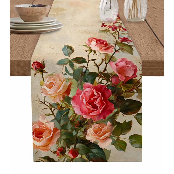 Table Runner Pink Rose Table Decoration for Kitchen Dinning Retro Flowers Table Decoration for Indoor Outdoor Party Wedding Decor 13x72 Inch