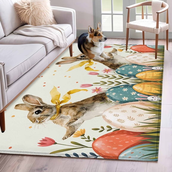 3'x5' Rug for Living Room Bedroom, Easter Bunny Eggs Washable Area Rugs Non-Slip Carpet Mats, Spring Tulip Daisy Flowers Leaves Pastoral Indoor Low Pile Area Rug Runner for Kitchen, Mudroom