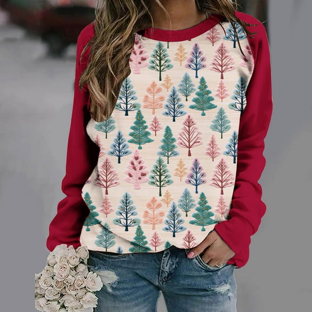 Aqestyerly Hauts à Manches Longues pour Femmes Blouse à Manches Longues Imprimée de Noël pour Femmes Col Rond Tunique Décontractée